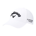 The Callaway Elyte Tour Authentic Performance Pro Hat is a white golf hat with black embroidered Callaway logo on the front and CHROME TOUR stitched on the side, featuring moisture-wicking fabric to keep you cool.