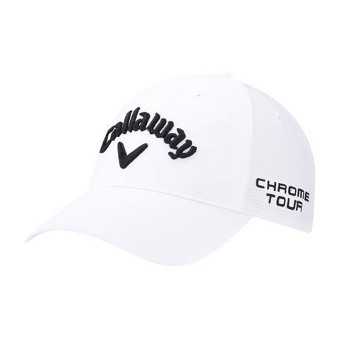 The Callaway Elyte Tour Authentic Performance Pro Hat is a white golf hat with black embroidered Callaway logo on the front and CHROME TOUR stitched on the side, featuring moisture-wicking fabric to keep you cool.