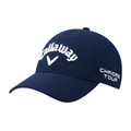 The Callaway Elyte Tour Authentic Performance Pro Hat is a navy blue golf hat with Callaway and a white chevron logo on the front, Chrome Tour on the left side, and features moisture-wicking fabric for lasting comfort.