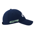 The Callaway Elyte Tour Authentic Performance Pro Hat in navy blue features white front embroidery, ELYTE in green with a white border on the side, a curved brim, moisture-wicking fabric, and an adjustable back strap.