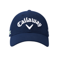 The Callaway Elyte Tour Authentic Performance Pro Hat in navy blue features the Callaway name and V-shaped logo embroidered in white on the front, plus small logos on each side for a classic, sporty golf look.