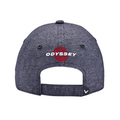 Shown from the back, the Callaway Elyte Tour Authentic Performance Pro Hat features a gray textured design, ODYSSEY with red circular lines, an adjustable strap, and a black side tag with a white Callaway logo.