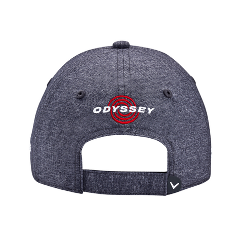 Shown from the back, the Callaway Elyte Tour Authentic Performance Pro Hat features a gray textured design, ODYSSEY with red circular lines, an adjustable strap, and a black side tag with a white Callaway logo.