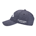 A dark gray Callaway Elyte Tour Authentic Performance Pro Hat with white CHROME TOUR side embroidery is shown from the left. This golf hat features a curved brim, visible stitching, and moisture-wicking comfort.