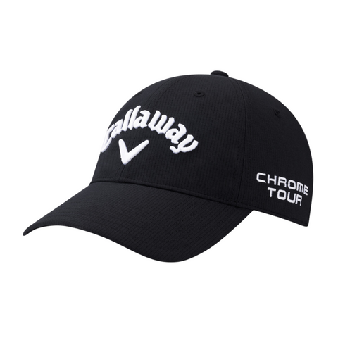 The Callaway Elyte Tour Authentic Performance Pro Hat is a black hat with a white V-shaped logo, Chrome Tour stitching on the side, and moisture-wicking fabric to keep you cool during your golf game.