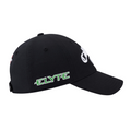 The Callaway Elyte Tour Authentic Performance Pro Hat is a black golf hat by Callaway, featuring ELYTE embroidered in white and green on the side, with extra white and red stitching for style and comfort on the course.