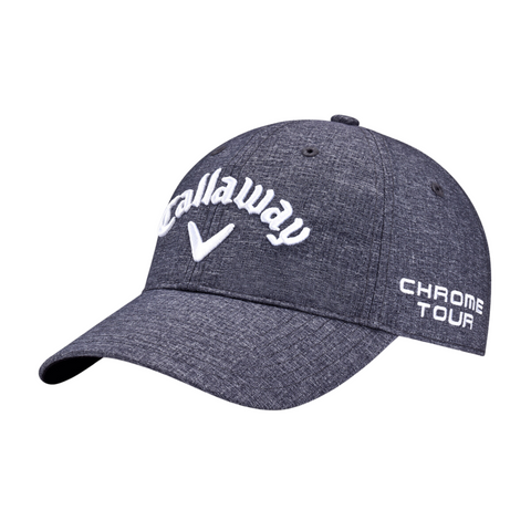 The Callaway Elyte Tour Authentic Performance Pro Hat in dark gray features a curved brim, white embroidered Callaway logo on the front, and Chrome Tour text on the side. Its moisture-wicking fabric ensures all-day comfort on the golf course.