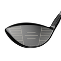 Close-up of the Callaway Elyte Triple Diamond Driver clubhead by Callaway, highlighting its sleek black finish, horizontal grooves, and alignment lines—a tour-inspired design engineered for low spin performance.