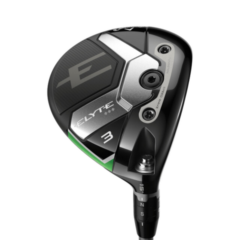 A close-up of the Callaway Elyte Triple Diamond Fairway Wood head by Callaway, showcasing silver and green accents, “ELITE 3” label, adjustment screws, a stylized “E” logo, and engineered for precision performance with low spin.