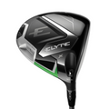A close-up of the Callaway Elyte X Driver highlights Callaway’s large E logo on a sleek black, silver, and green clubhead with 10.5 loft and adjustable hosel—ideal for golfers aiming for long-distance drives.