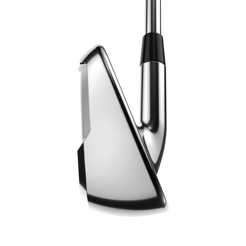 A close-up of the Callaway Elyte X Irons Set (4-PW + SW + AW) golf club head by Callaway, featuring a sleek, reflective design—perfect for golfers seeking forgiving irons—displayed against a white background.
