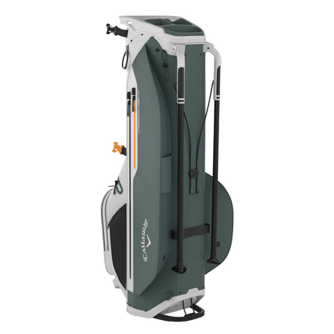 The Callaway Fairway C HD Stand Bag, in green and white, features multiple compartments, durable handles, and sturdy legs—offering lightweight convenience for golfers on the course.