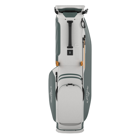 The Callaway Fairway C HD Stand Bag, in gray and white, stands upright with a top handle, multiple compartments and pockets, zippers, and the Callaway logo on its side.