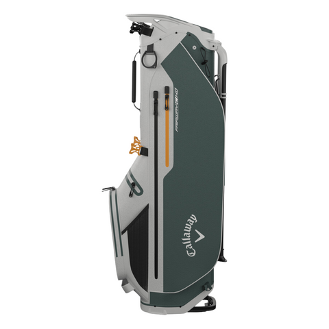 The Callaway Fairway C HD Stand Bag, in green and gray, features multiple zippered pockets, a top handle, side logo, and a lightweight waterproof design for easy upright use.