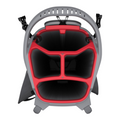 Top-down view of the Callaway Fairway C HD Stand Bag by Callaway, showing red and black dividers that form four organized compartments; this lightweight golf bag features a gray exterior with visible black side buckles.