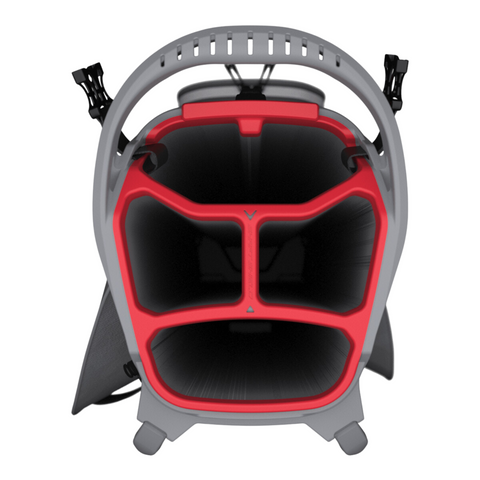 Top-down view of the Callaway Fairway C HD Stand Bag by Callaway, showing red and black dividers that form four organized compartments; this lightweight golf bag features a gray exterior with visible black side buckles.