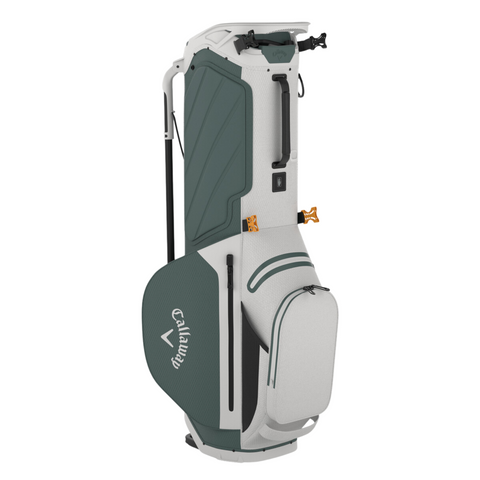 The Callaway Fairway C HD Stand Bag by Callaway features a white and dark green design, multiple zippered pockets, a top handle, and a lightweight waterproof build for convenience.