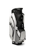 The Callaway Forrester Cart Bag 2025 in black and white features a 14-way top, multiple zippered pockets, a top handle, and mesh side pocket—ideal for organized storage on the golf course.