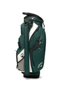 The Callaway Forrester Cart Bag 2025 in green and white features a 14-way top, multiple zippered pockets, top handle, and visible club dividers—ideal for your next golf cart bag.