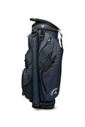 The Callaway Forrester Cart Bag 2025 by Callaway, in navy blue, features a 14-way top, several zippered pockets, and a side handle, shown standing upright against a white background.