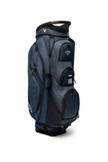 The Callaway Forrester Cart Bag 2025 by Callaway, shown in dark blue with a white logo, features a 14-way top, multiple zippered compartments, mesh side pockets, and a top handle. It stands upright on a white background.