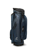 The Callaway Forrester Cart Bag 2025 in blue, featuring a 14-way top and multiple zippered pockets, stands upright on a white background with the Callaway logo visible on the side and pocket.
