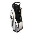 The Callaway Forrester Cart Bag 2025 by Callaway is a black and white golf cart bag with a 14-way top, multiple zippered pockets, mesh side pockets, and a carrying handle, shown standing upright on a white background.