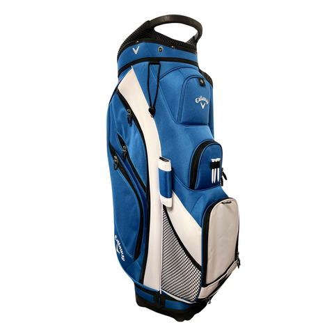 The Callaway Forrester Cart Bag 2025 by Callaway features a blue and white design, 14-way top, multiple zippered pockets, top carrying handle, and mesh accents—ideal as your next golf cart bag.