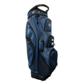 The Callaway Forrester Cart Bag 2025 is a blue golf cart bag featuring a 14-way top, multiple zippered pockets, a top carrying handle, and a black and white Callaway logo, shown standing upright against a white background.