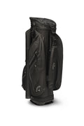 The Callaway Forrester Cart Bag 2025, in black, features a 14-way top, multiple zippered pockets, shoulder strap, and protective covers—combining style and function for any golfer. Shown upright against a white background.