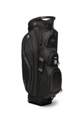 The Callaway Forrester Cart Bag 2025 in black features a 14-way top, multiple zippered pockets, top handle, and side cup holder—ideal as your next golf cart bag. Shown standing upright on a white background.