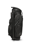 The Callaway Forrester Cart Bag 2025 stands upright in black, featuring a 14-way top, multiple zippered compartments, mesh pockets, and a sturdy handle, all showcasing the iconic Callaway logo on the side.
