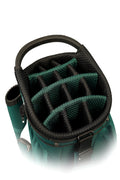Top view of the Callaway Forrester Cart Bag 2025 by Callaway in green with black trim shows a 14-way top, padded compartments for club organization, and a sturdy handle at the top.