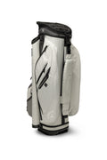 The Callaway Forrester Cart Bag 2025, in light gray, features a 14-way top, multiple zippered pockets, a large side compartment, mesh pocket, and carrying handle. It stands upright against a white background.