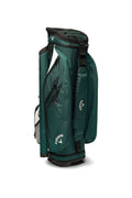 The Callaway Forrester Cart Bag 2025 features a green design, upright stance, 14-way top, several zippered pockets, a mesh side pocket, and the Callaway logo in white on the side and front.