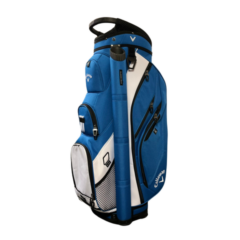The Callaway Forrester Cart Bag 2025 by Callaway, in blue, white, and black, features a 14-way top, multiple zippered pockets, and a carrying handle. It stands upright on a white background.