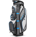 The Callaway Forrester Cart Bag | Prior Generation by Callaway comes in Silver/Titanium/Royal, featuring multiple zippered pockets, a handle, a slot for golf clubs, and displays the Callaway logo on the side and pockets.