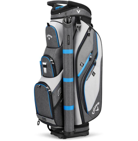 The Callaway Forrester Cart Bag | Prior Generation by Callaway comes in Silver/Titanium/Royal, featuring multiple zippered pockets, a handle, a slot for golf clubs, and displays the Callaway logo on the side and pockets.