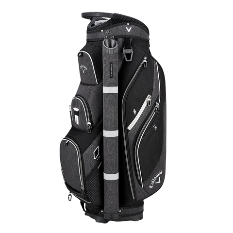The Callaway Forrester Cart Bag | Prior Generation in Black/Silver features multiple zippered pockets, a side handle, and prominent Callaway branding—a lightweight, cart-friendly golf bag designed for convenience.