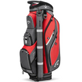 The Callaway Forrester Cart Bag | Prior Generation in Red/Titanium/Silver features multiple zippered pockets, a handle, an umbrella holder, and a cart-friendly upright base—ideal for easy transport on the course.