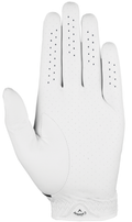 The Callaway Fusion Men’s Golf Glove for men is shown palm forward. Made of premium leather, this right-hand glove has small ventilation perforations and features the Callaway logo near the wrist.