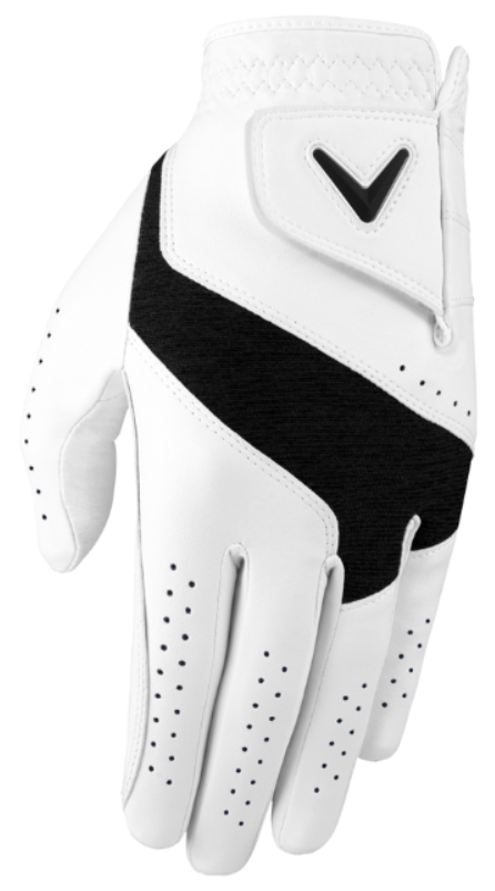 The Callaway Men's Fusion Glove in white features black accents, finger perforations, an adjustable wrist strap with a black V-shaped logo, and ensures a reliable grip.