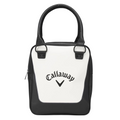 The Callaway Practice Caddy is a black and white tote bag with two handles, a zippered side pocket, and the Callaway logo—ideal for carrying golf balls or as your go-to range practice bag.