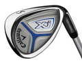 A close-up of the Callaway Junior XJ Level 1 iron shows the blue and silver model name “XJ,” black and blue design details, and the number S—part of the Callaway Junior XJ Level 1 4-Piece Golf Set for kids.