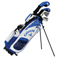 The Callaway Junior XJ Level 2 6-Piece Golf Set by Callaway features a blue and white stand bag, kids golf clubs with matching headcovers, and visible metal club heads.