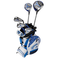 The Callaway Junior XJ Level 2 6-Piece Golf Set features blue, white, and black clubs, including drivers, irons, and fairway woods with visible club heads—ideal for any junior golfer.