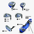 The Callaway Junior XJ Level 2 6-Piece Golf Set includes a driver, fairway wood, 7 iron, 9 iron, sand wedge, putter, headcovers, and a blue golf bag—all perfectly sized and labeled for junior golfers.