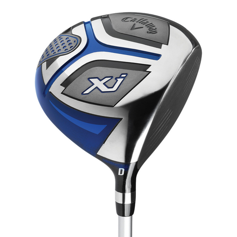 A close-up of the Callaway Junior XJ Level 2 6-Piece Golf Set driver, showcasing its sleek silver, black, and blue design with Callaway logo and XJ branding—ideal for aspiring junior golfers.