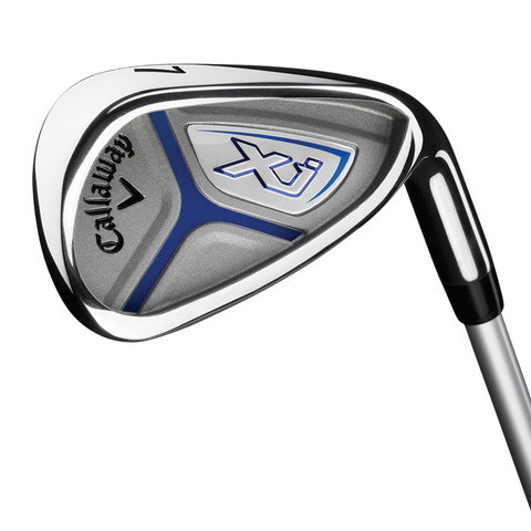 A close-up of a Callaway Junior XJ Level 2 6-Piece Golf Set iron shows a silver head with blue and black accents, the XJ logo on the clubface, and a metallic shaft—ideal for aspiring junior golfers.