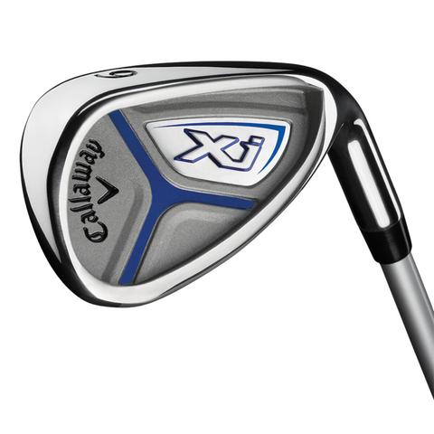 Close-up of a Callaway Junior XJ Level 2 6-Piece Golf Set iron club, showcasing its metallic finish, blue accents, and XJ logo—expertly crafted by Callaway for junior golfers.